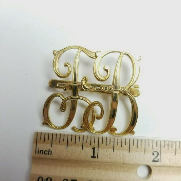 Vintage Monocraft F B Monogram Brooch Gold Tone Initial Letter Signed Pat Number - Picture 6 of 8